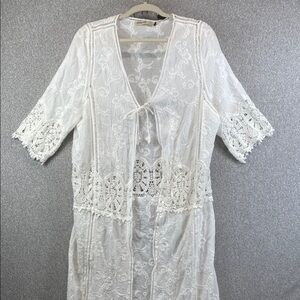 Origami boho duster cardigan wrap M/L ruana crochet lace cotton tie front long